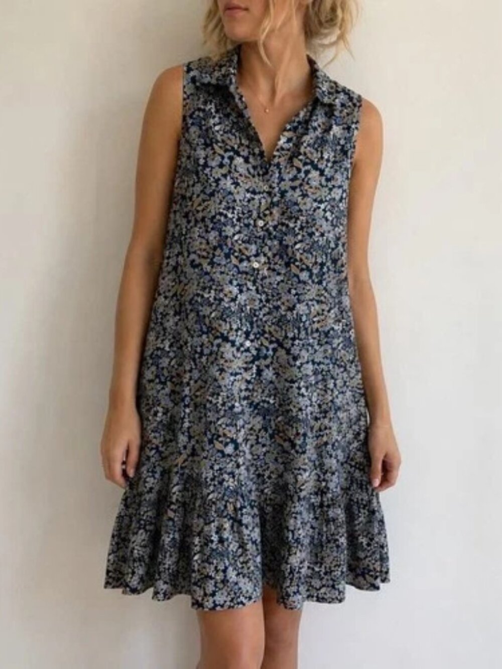 J Jill Floral Ruffle Hem Sleeveless Shirt Dress Women's Plus sz 2X Blue Tan